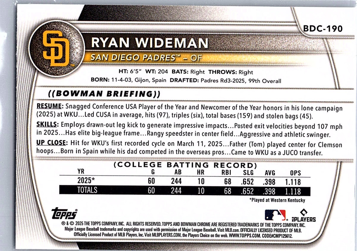 2025 Bowman Draft Ryan Wideman #BDC-190 Chrome San Diego Padres