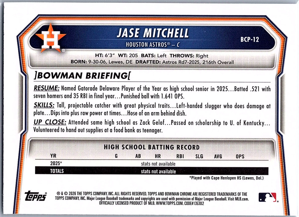 2026 Bowman Jase Mitchell #BCP-12 Chrome Prospects Lazer Refractor Astros