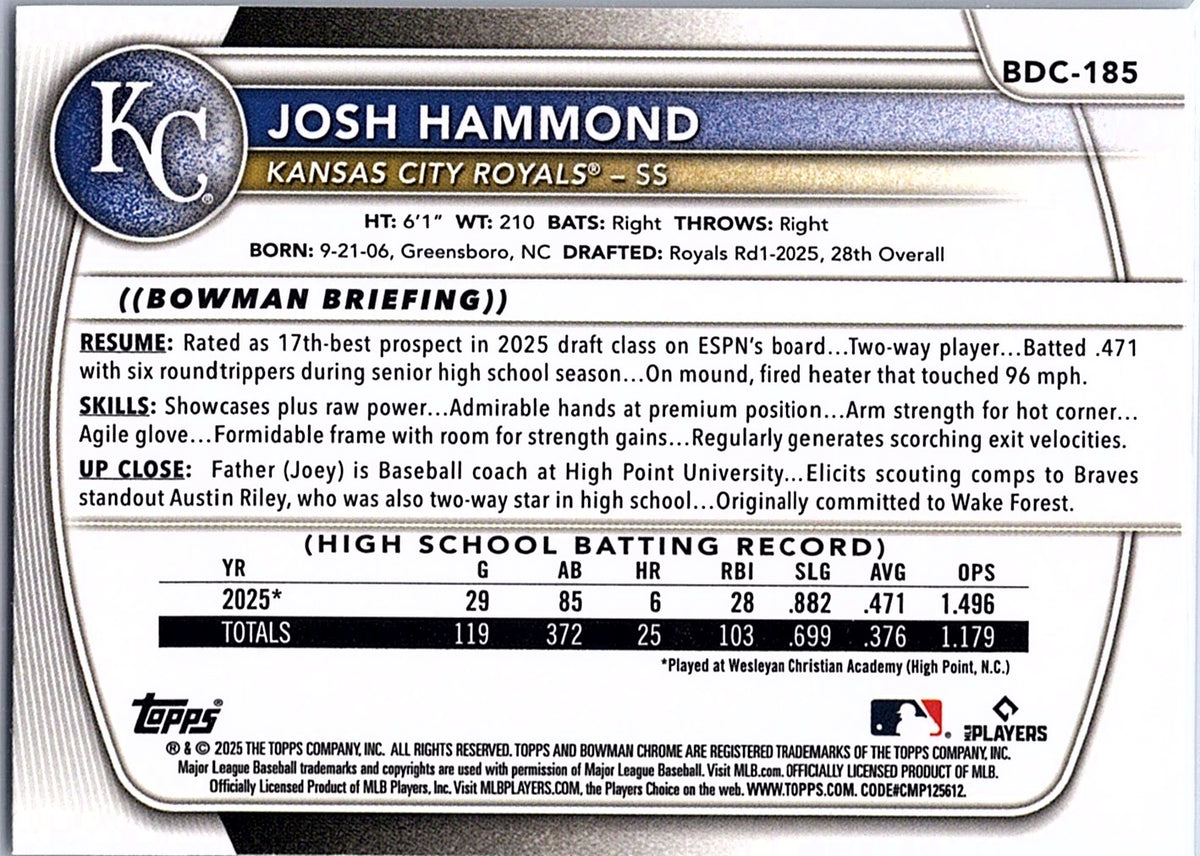 2025 Bowman Draft Josh Hammond #BDC-185 Chrome Kansas City Royals