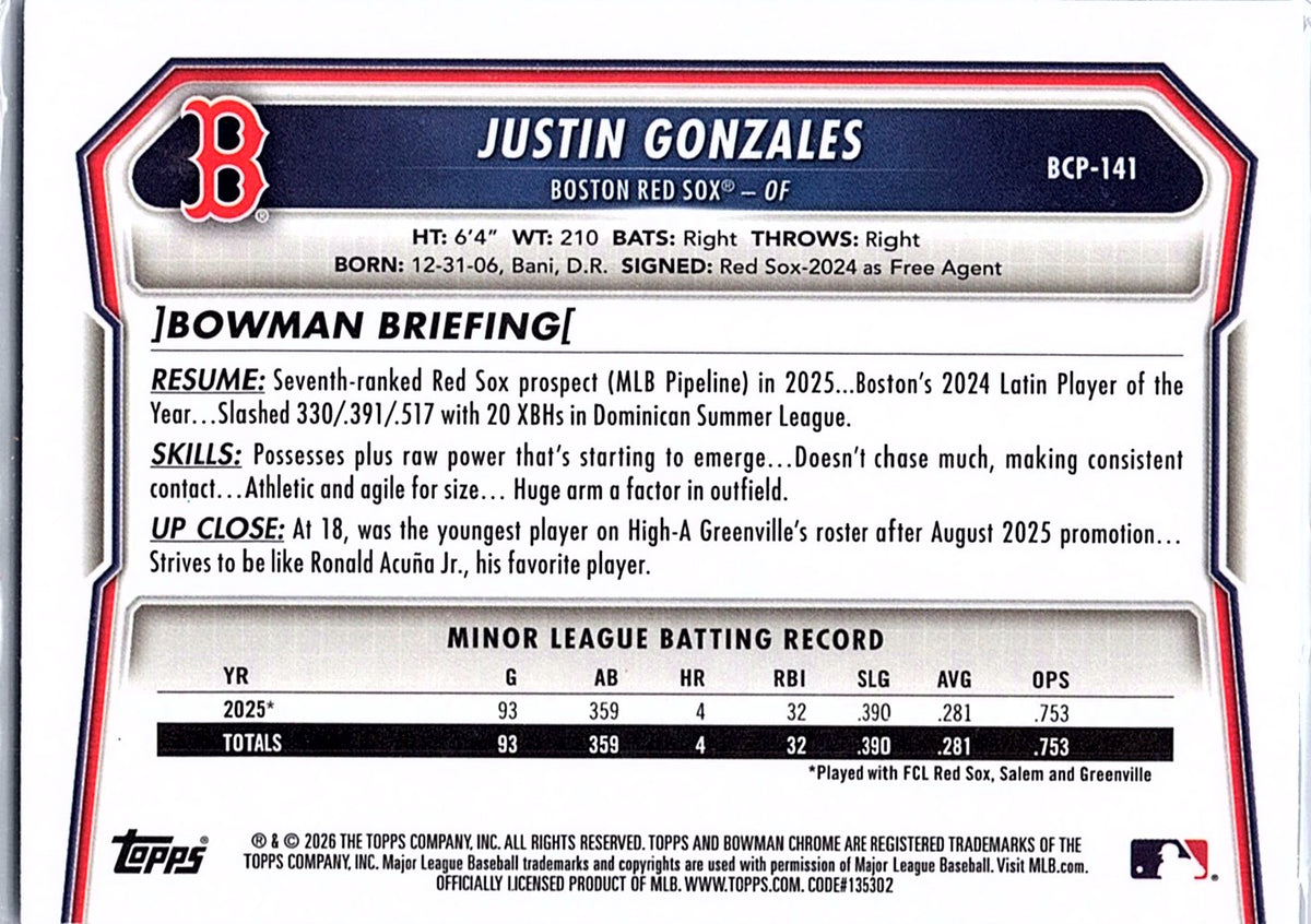2026 Bowman Justin Gonzales #BCP-141 Chrome Prospects Boston Red Sox