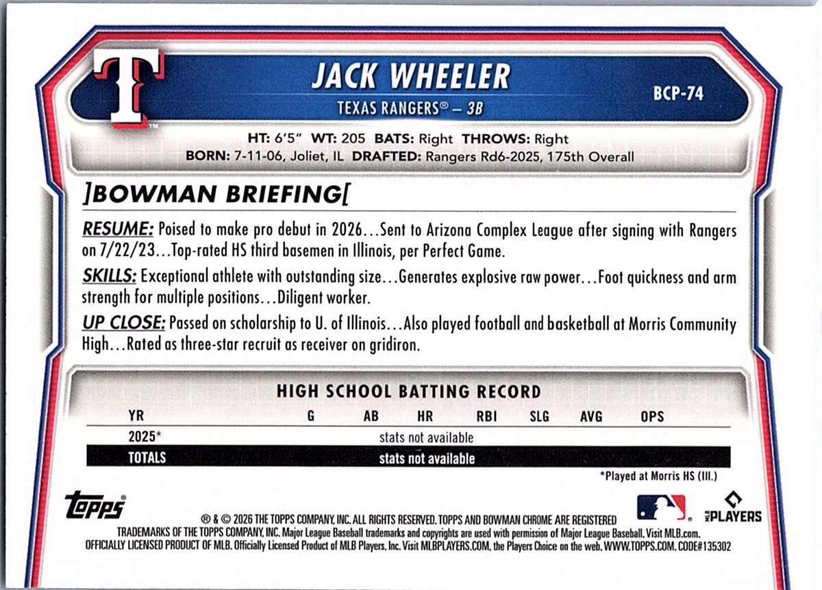 2026 Bowman Jack Wheeler #BCP-74 Chrome Prospects Texas Rangers