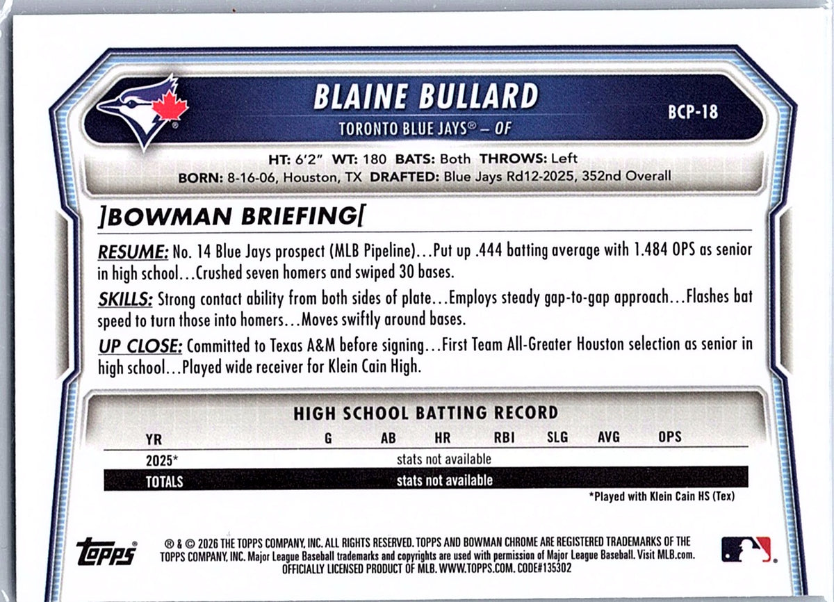 2026 Bowman Blaine Bullard #BCP-18 Chrome Prospects Toronto Blue Jays