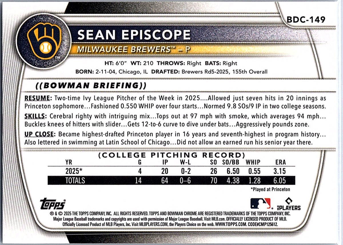 2025 Bowman Draft Sean Episcope #BDC-149 Chrome Milwaukee Brewers