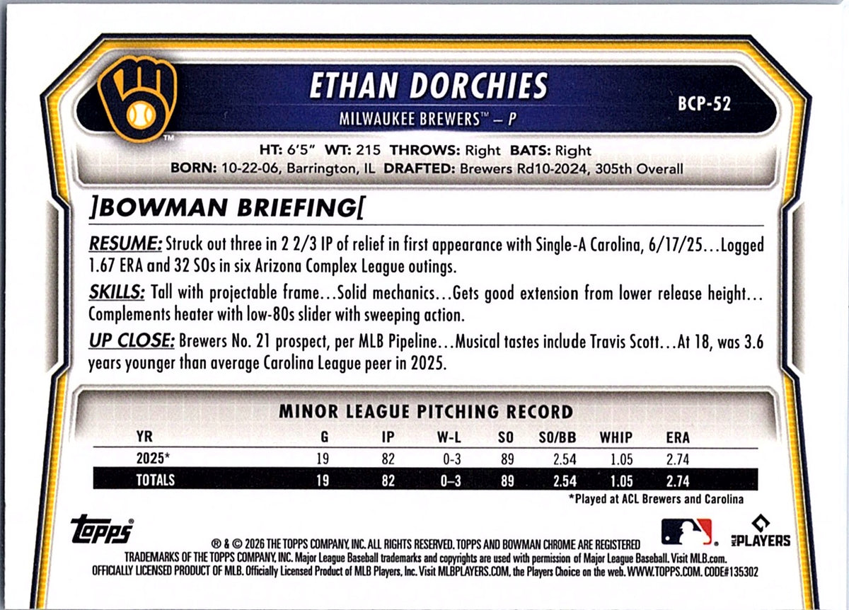 2026 Bowman Ethan Dorchies #BCP-52 Chrome Prospects Milwaukee Brewers