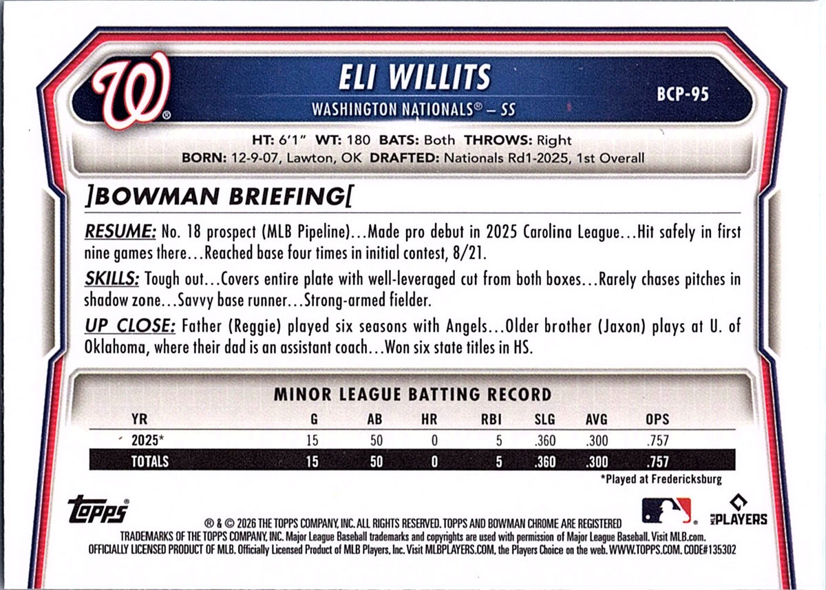 2026 Bowman Eli Willits #BCP-95 Chrome Prospects Washington Nationals