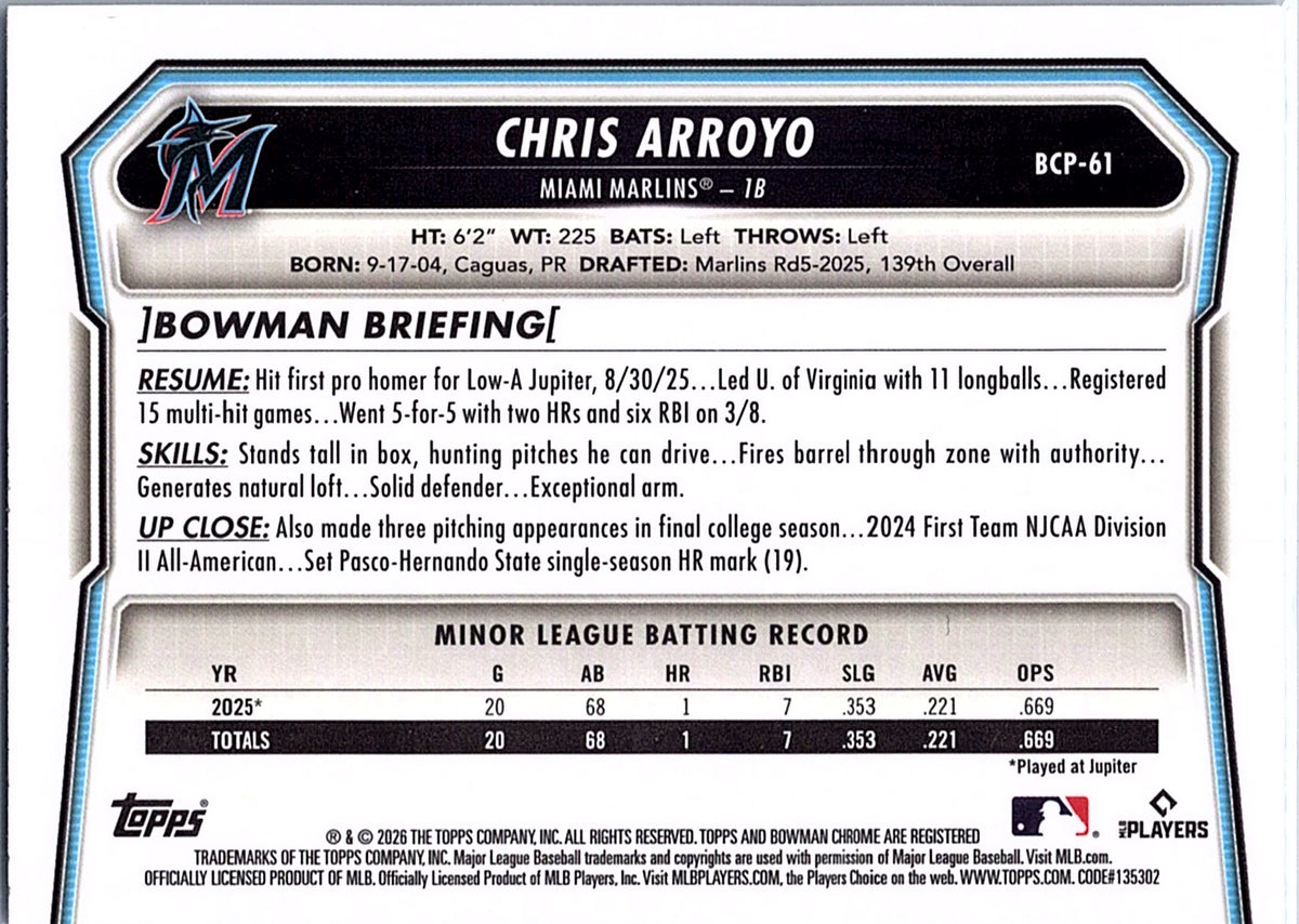 2026 Bowman Chris Arroyo #BCP-61 Chrome Prospects X-Fractor Miami Marlins