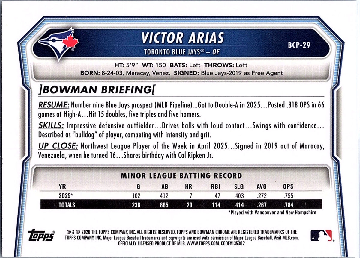 2026 Bowman Victor Arias #BCP-29 Chrome Prospects Lazer Refractor Blue Jays