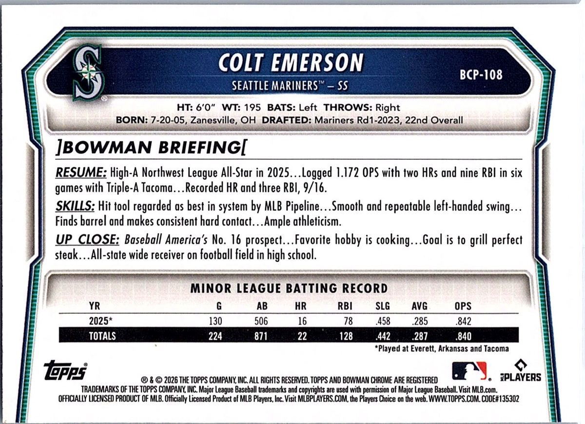 2026 Bowman Colt Emerson #BCP-108 Chrome Prospects Lazer Refractor Mariners