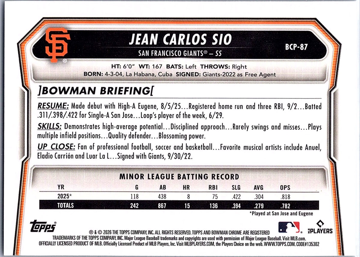 2026 Bowman Jean Carlos Sio #BCP-87 Chrome Prospects Lazer Refractor Giants