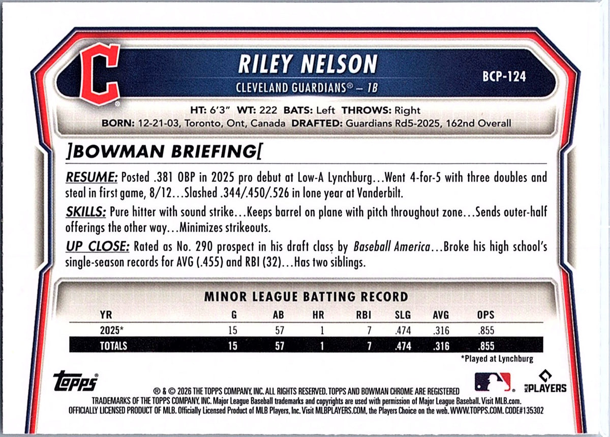 2026 Bowman Riley Nelson #BCP-124 Chrome Prospects Lazer Refractor Guardians