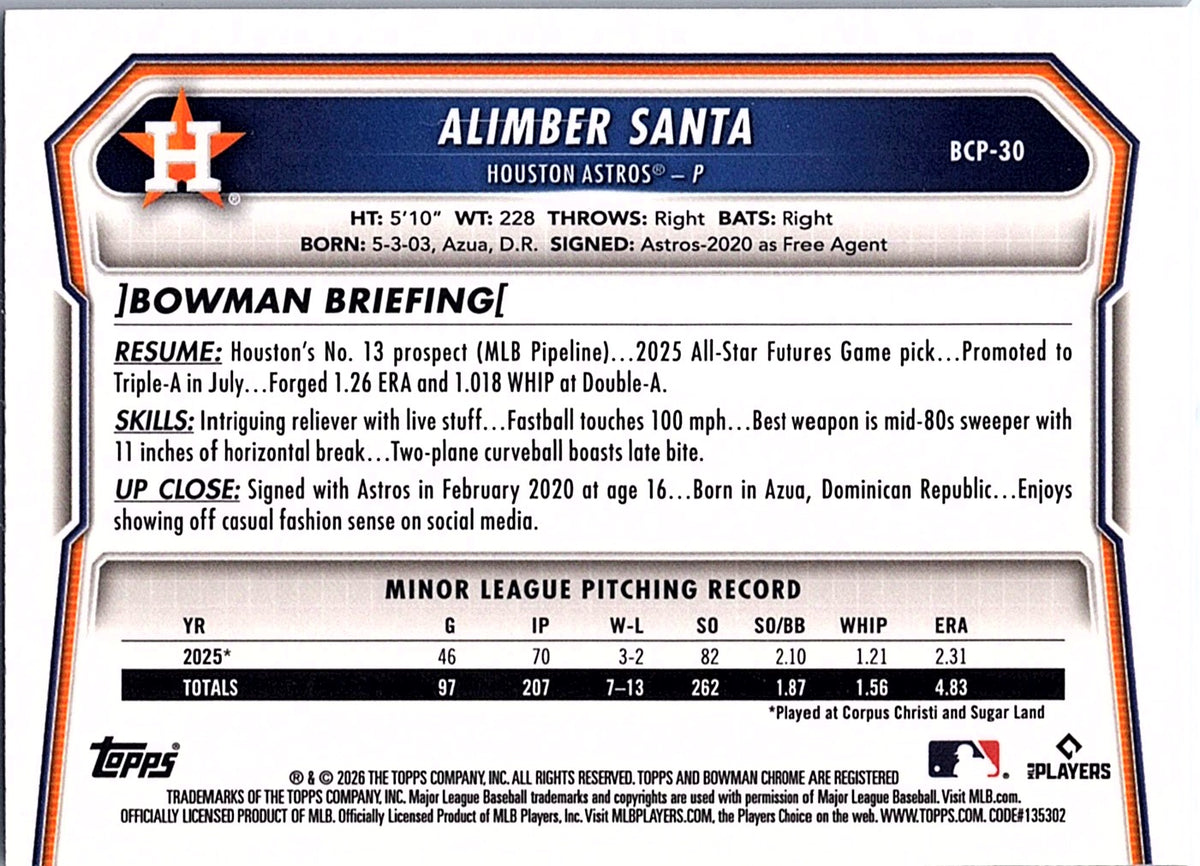 2026 Bowman Alimber Santa #BCP-30 Chrome Prospects Lazer Refractor Astros