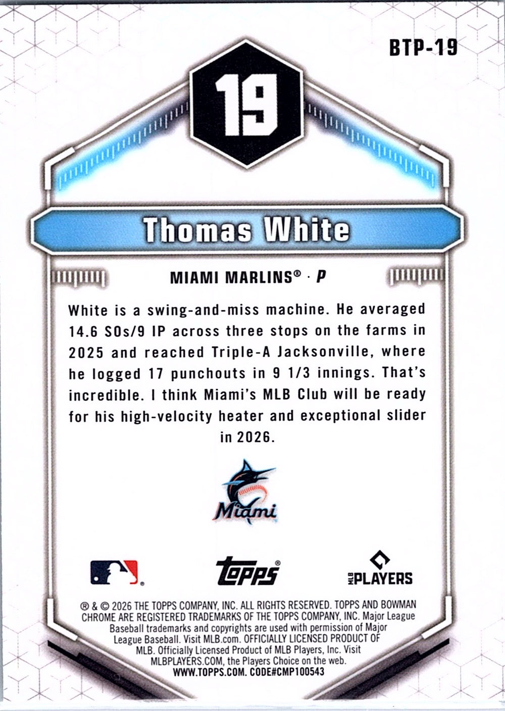 2026 Bowman Thomas White #BTP-19 Bowman Scouts' Top 100 Miami Marlins