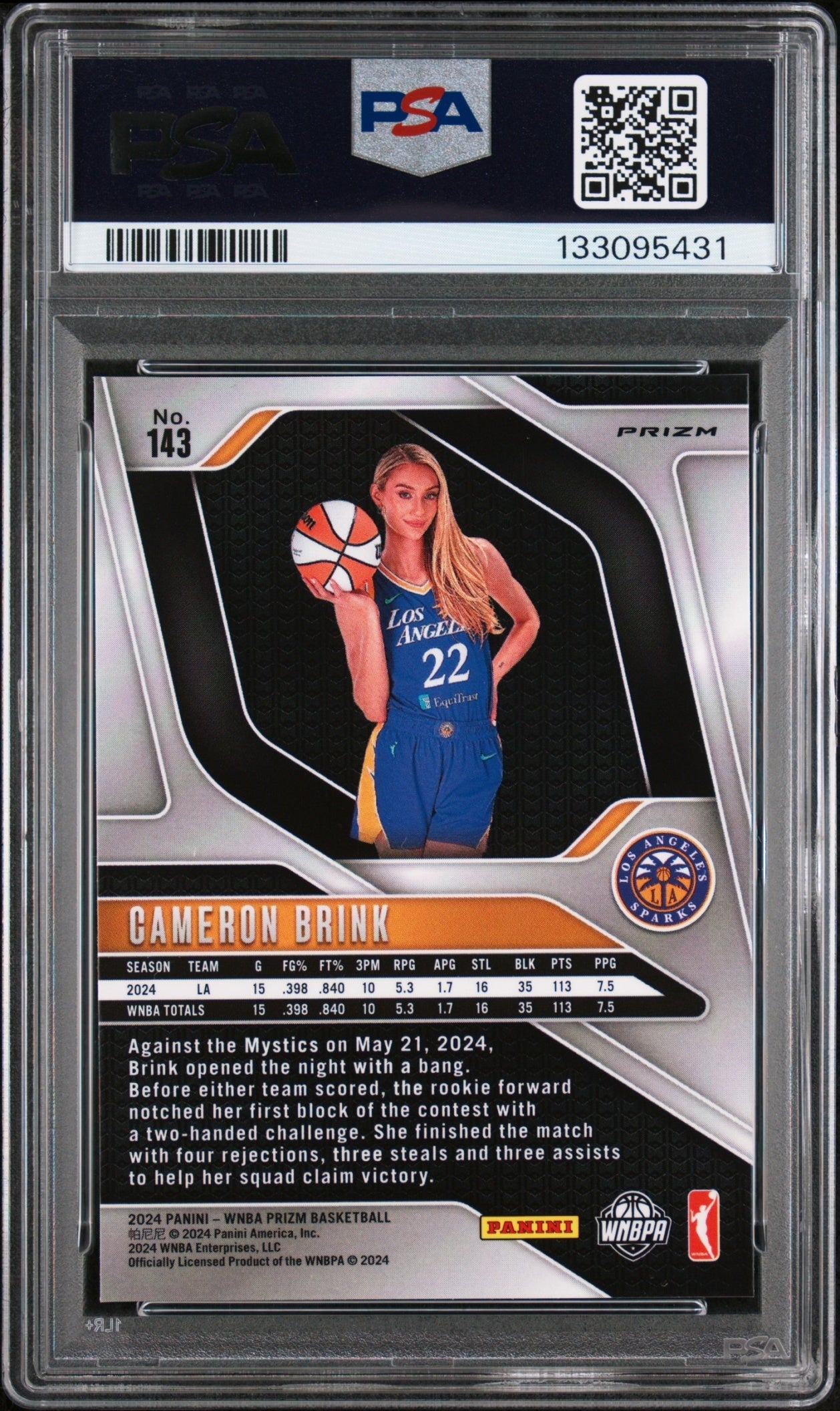 2024 Panini WNBA Prizm CAMERON BRINK #143 Orange Velocity RC Sparks PSA 10