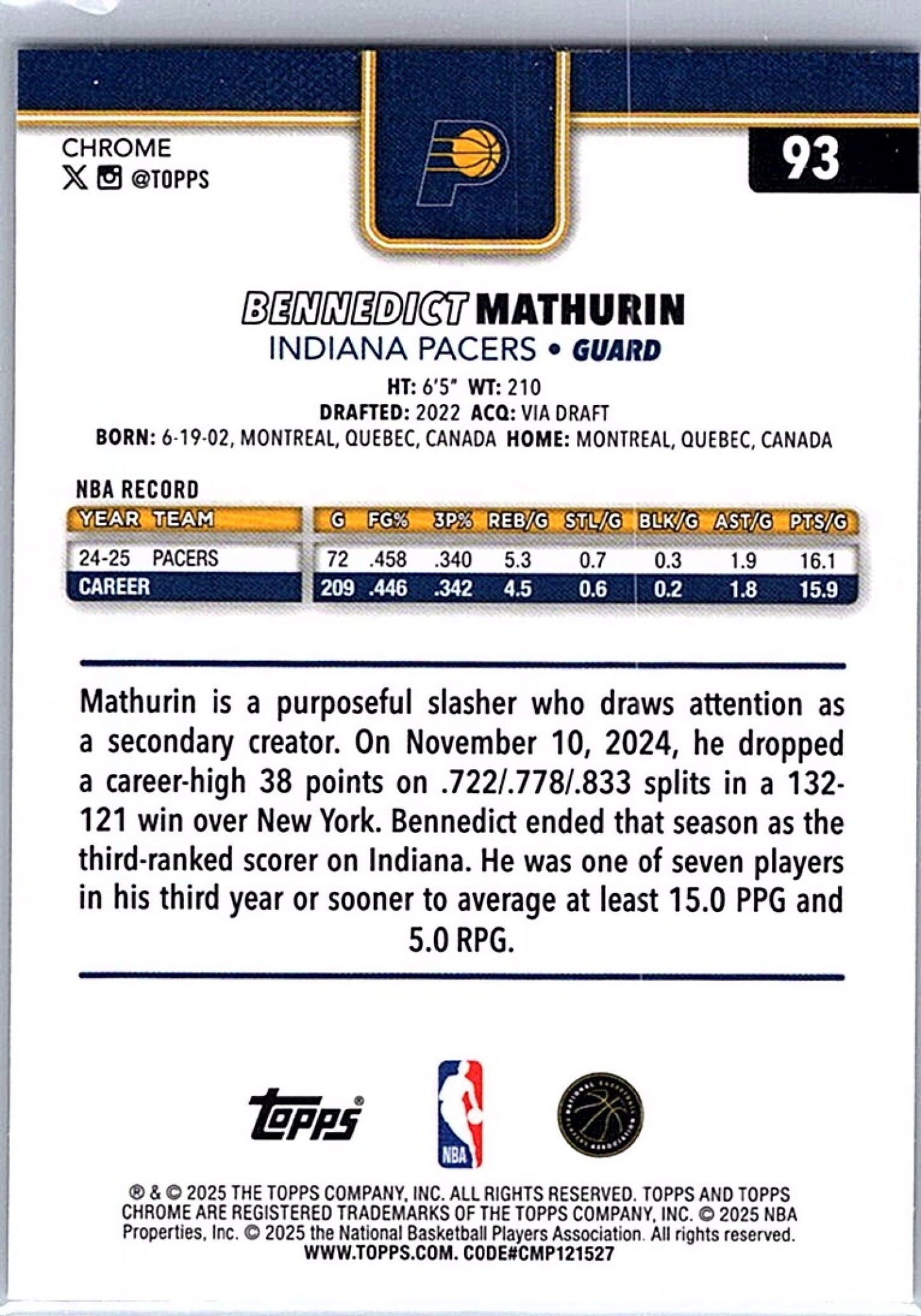 2025-26 Topps Chrome BENNEDICT MATHURIN #93 Prism Refractor Pacers