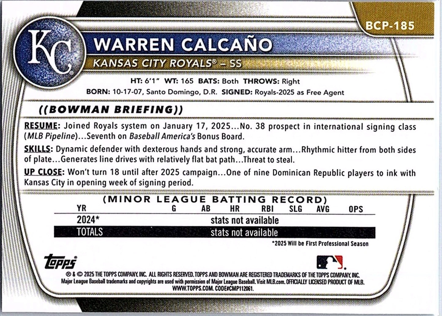 2025 Bowman Chrome WARREN CALCANO #BCP-185 1st Prospect Royals Baseball RC