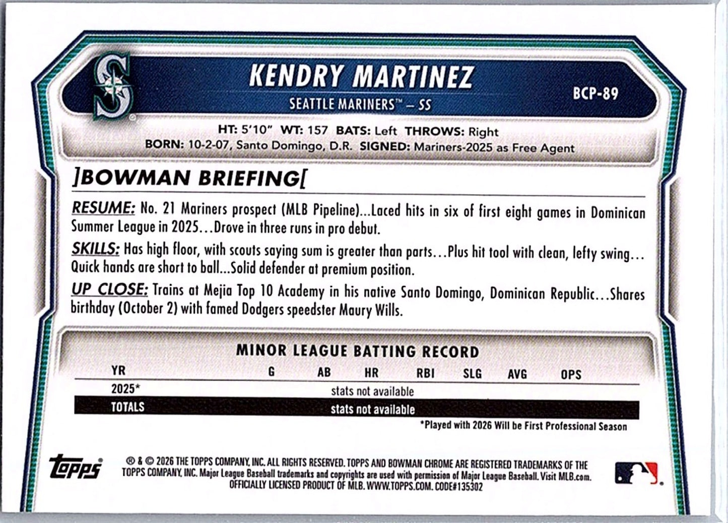 2026 Bowman KENDRY MARTINEZ #BCP-89 Mariners 1st Prospect Baseball RC Card
