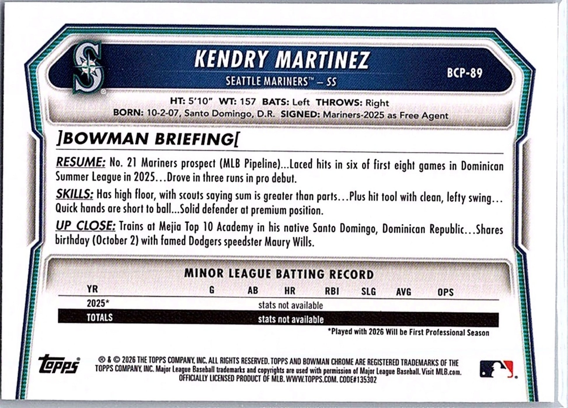 2026 Bowman KENDRY MARTINEZ #BCP-89 Mariners 1st Prospect Baseball RC Card