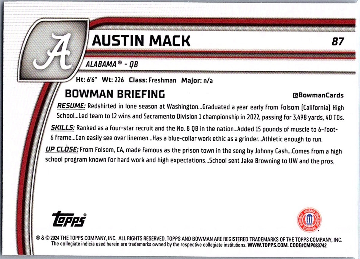 2024 Bowman Chrome University Austin Mack #87 Teal Lava Refractor 1st Prospect