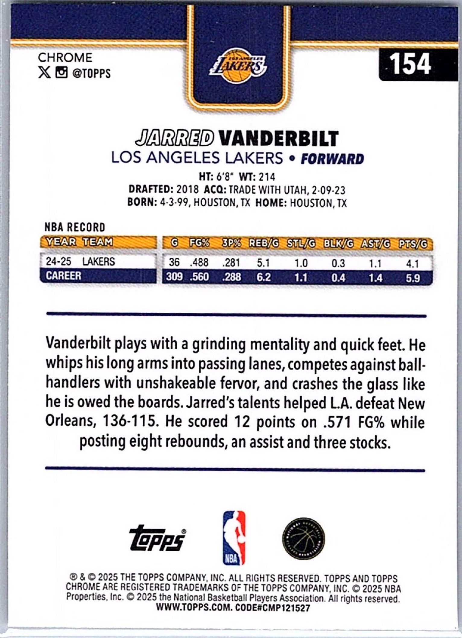 2025-26 Topps Chrome JARRED VANDERBILT #154 Prism Refractor Lakers