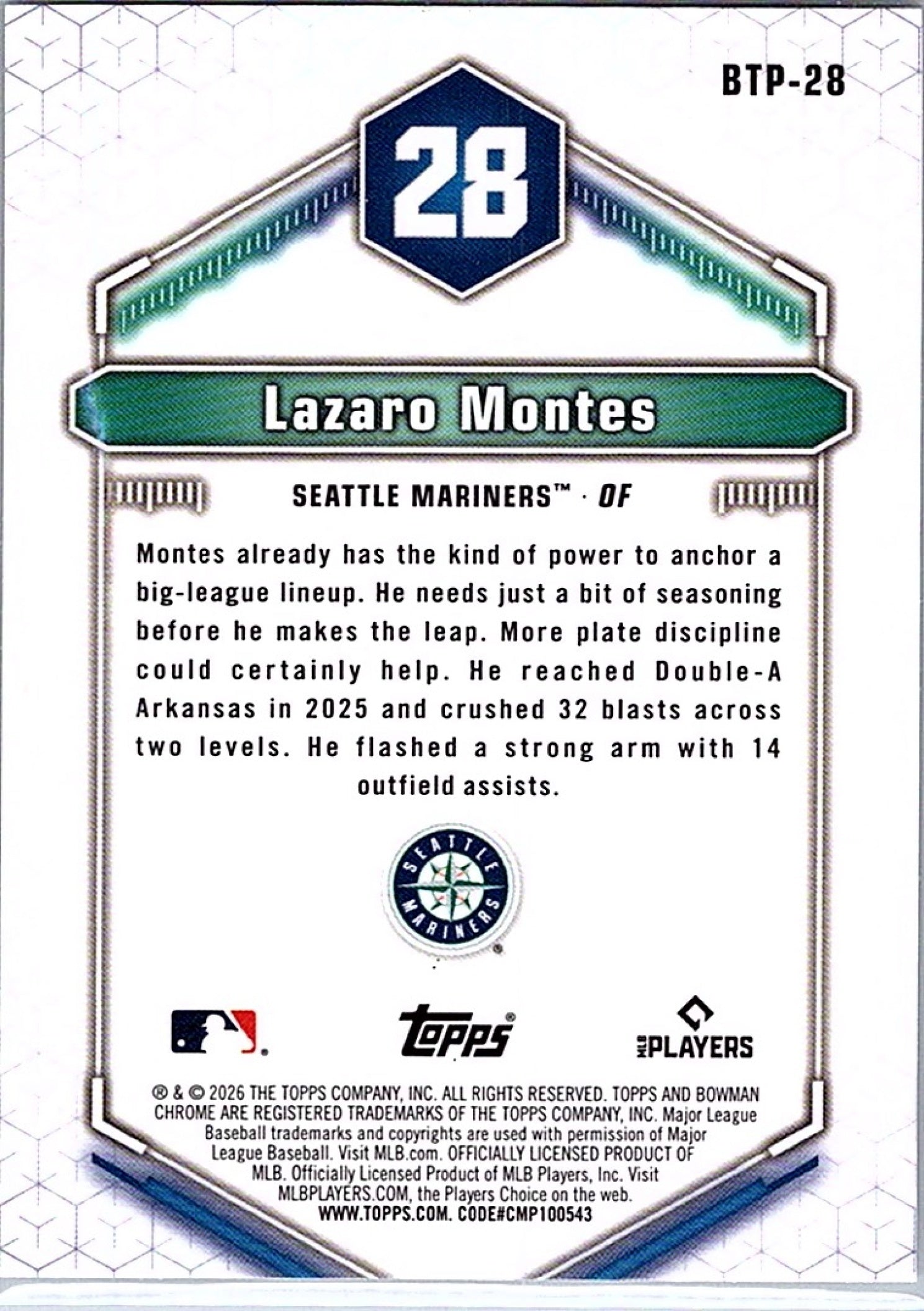 2026 Bowman LAZARO MONTES #BTP-28 Mariners Top 100 Baseball RC Card