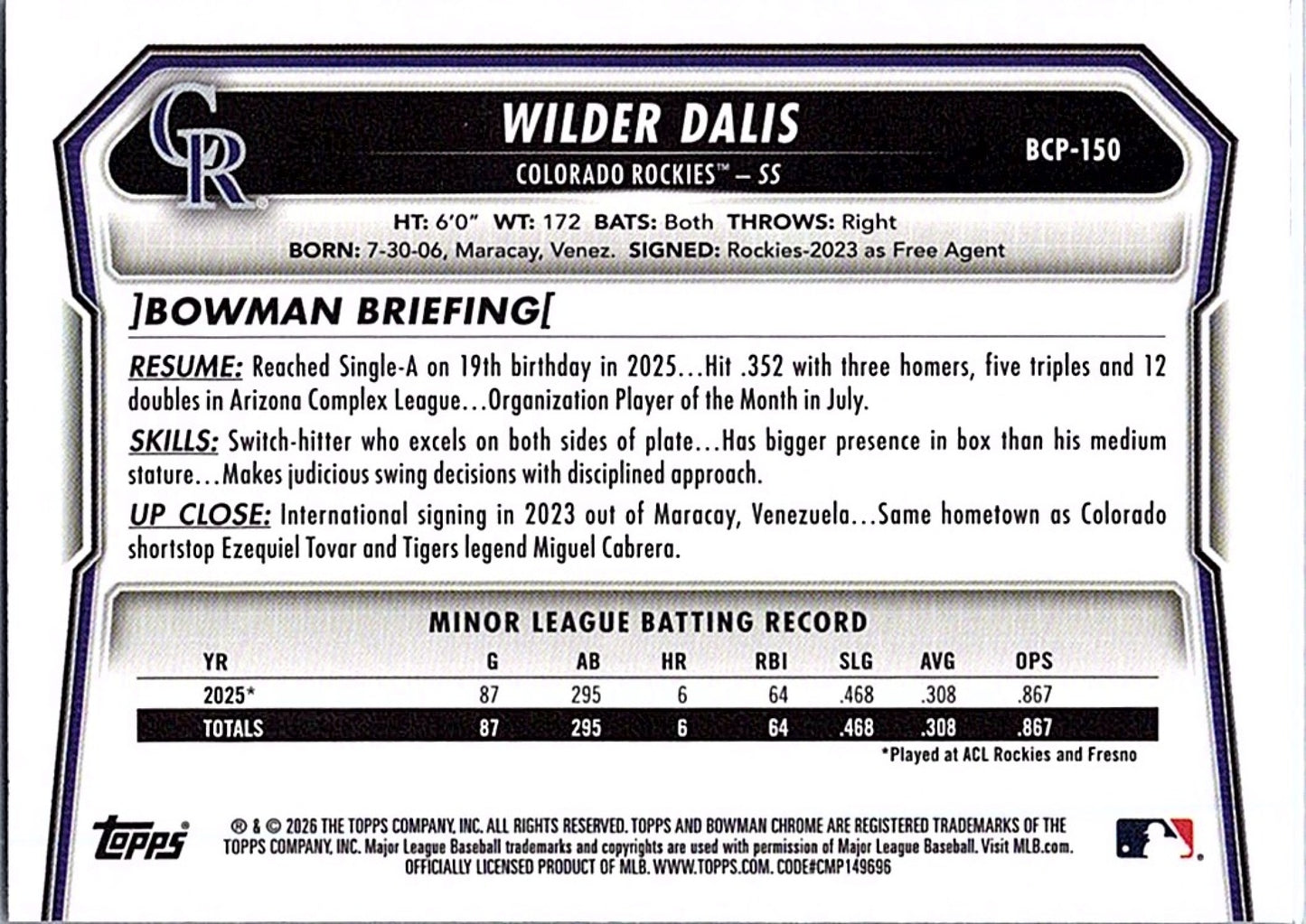 2026 Bowman Mega Box WILDER DALIS #BCP-150 Mojo Refractor 1st Prospect Rockies