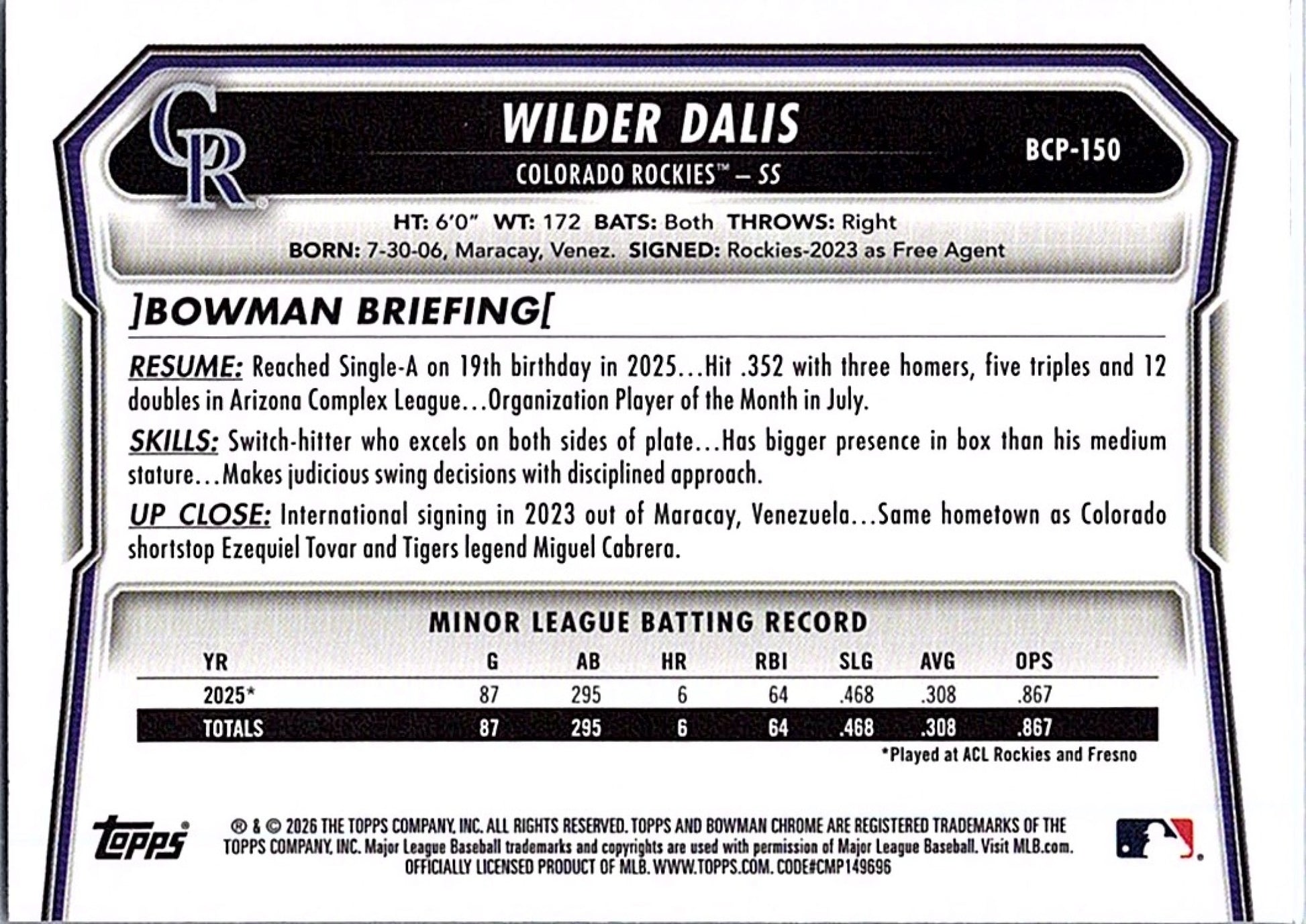 2026 Bowman Mega Box WILDER DALIS #BCP-150 Mojo Refractor 1st Prospect Rockies
