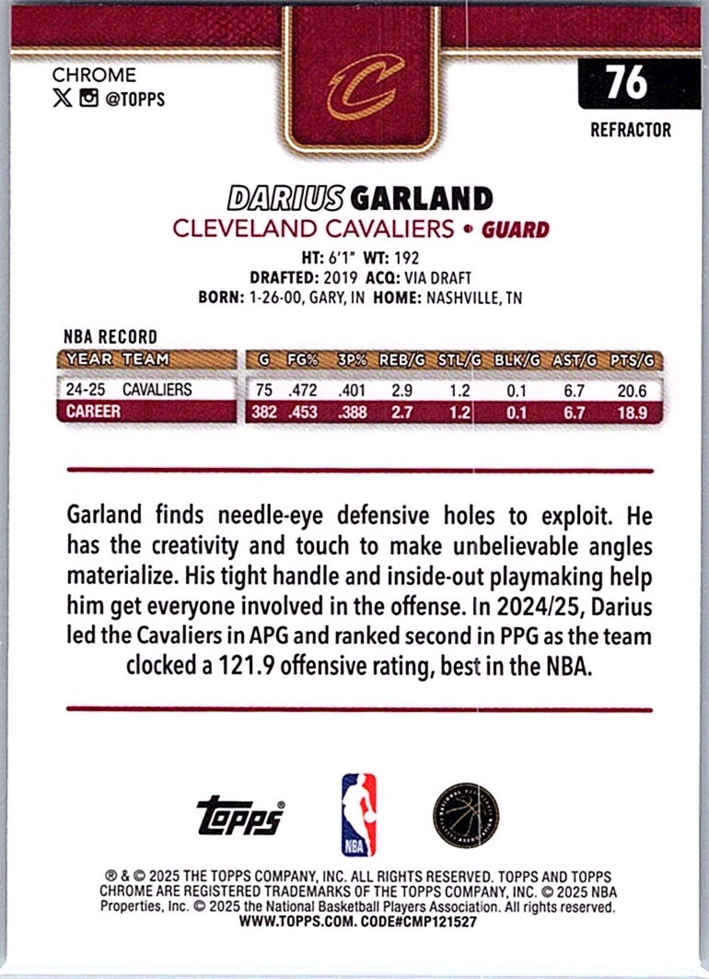 2025-26 Topps Chrome DARIUS GARLAND #76 Refractor Cavaliers