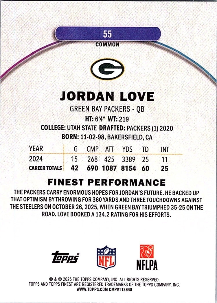 2025 Topps Finest JORDAN LOVE #55 Purple Refractor /250 Packers