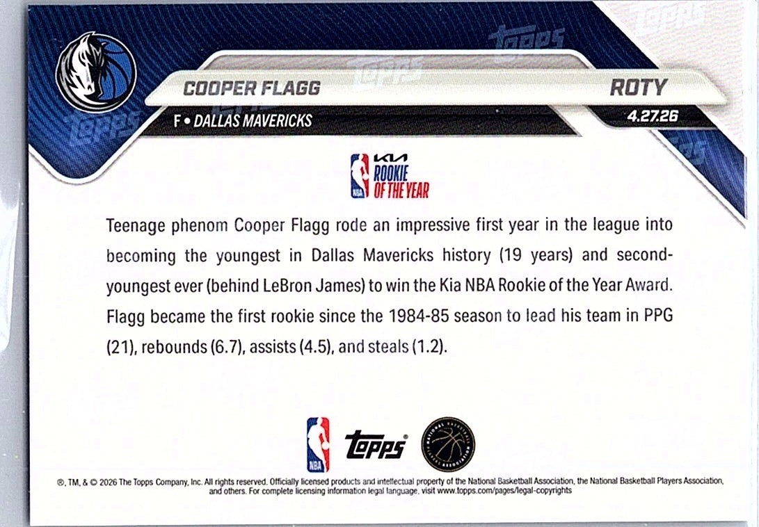 2025-26 Topps Now COOPER FLAGG #ROTY Awards Mavericks