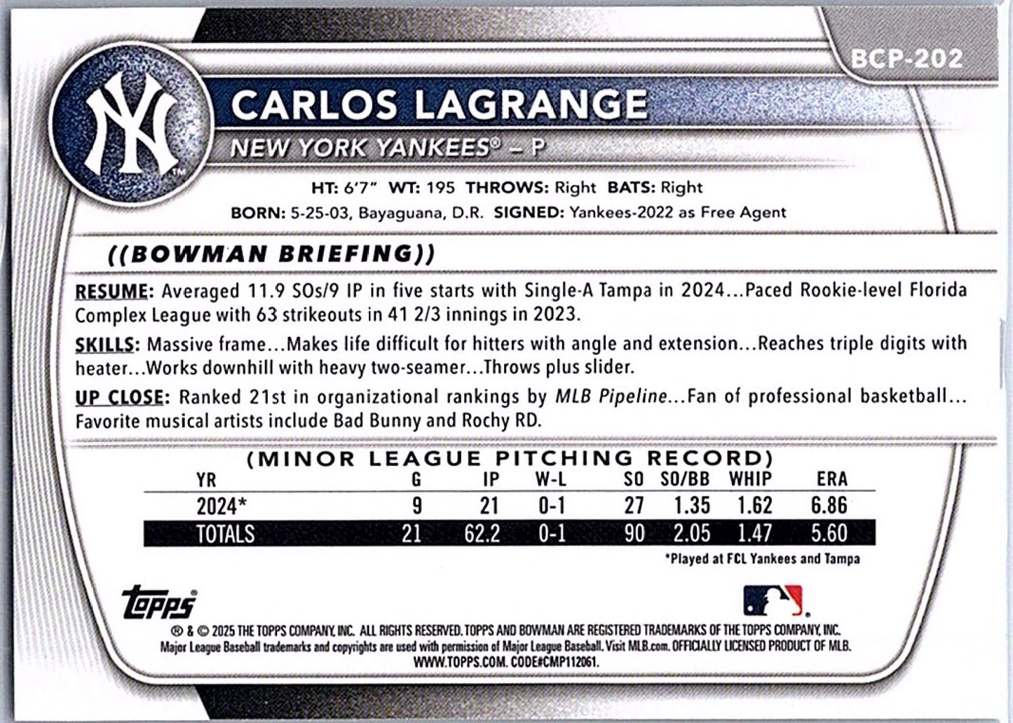 2025 Bowman Chrome CARLOS LAGRANGE #BCP-202 1st Prospect Yankees Baseball RC