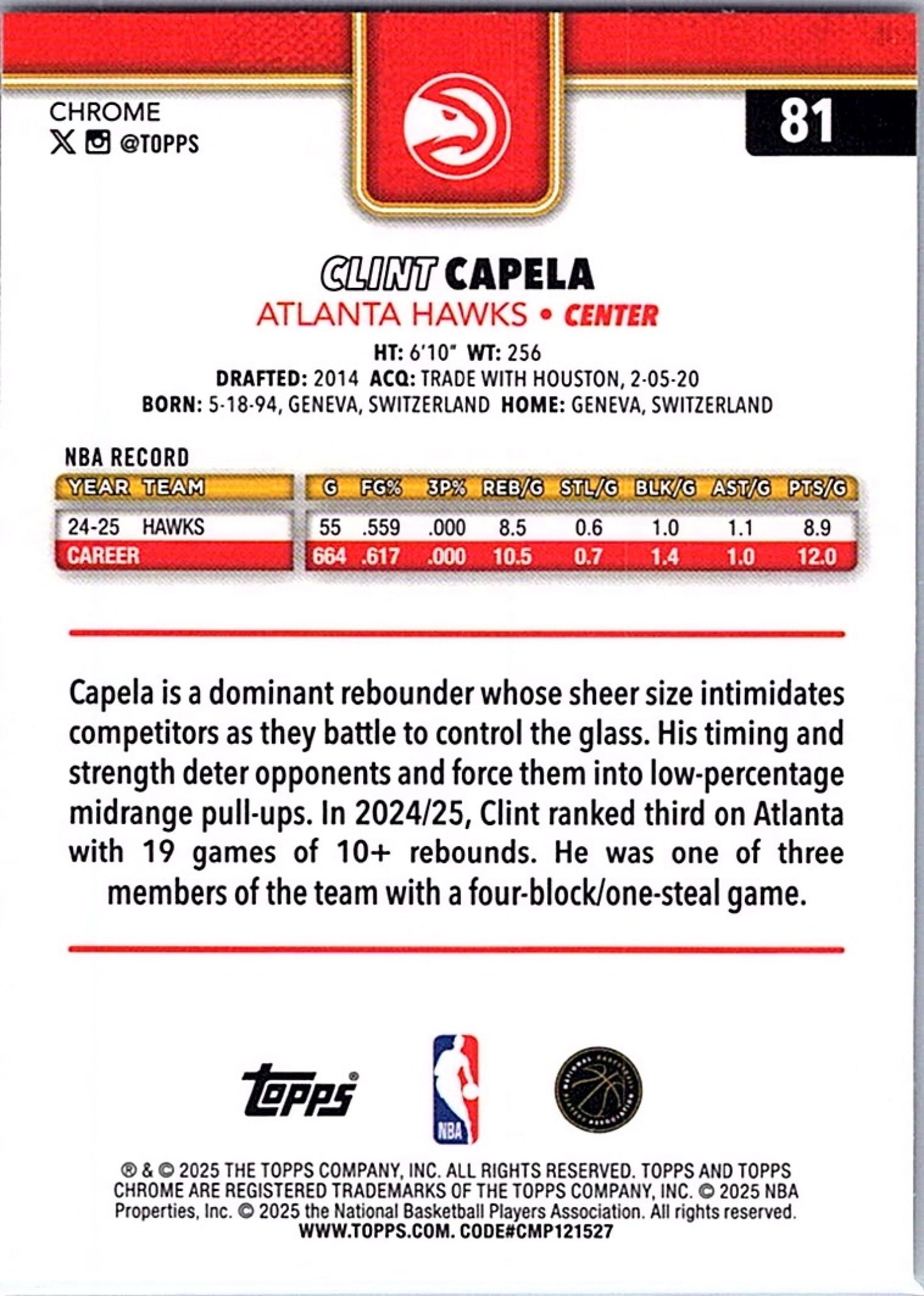 2025-26 Topps Chrome CLINT CAPELA #81 RayWave Refractor Hawks