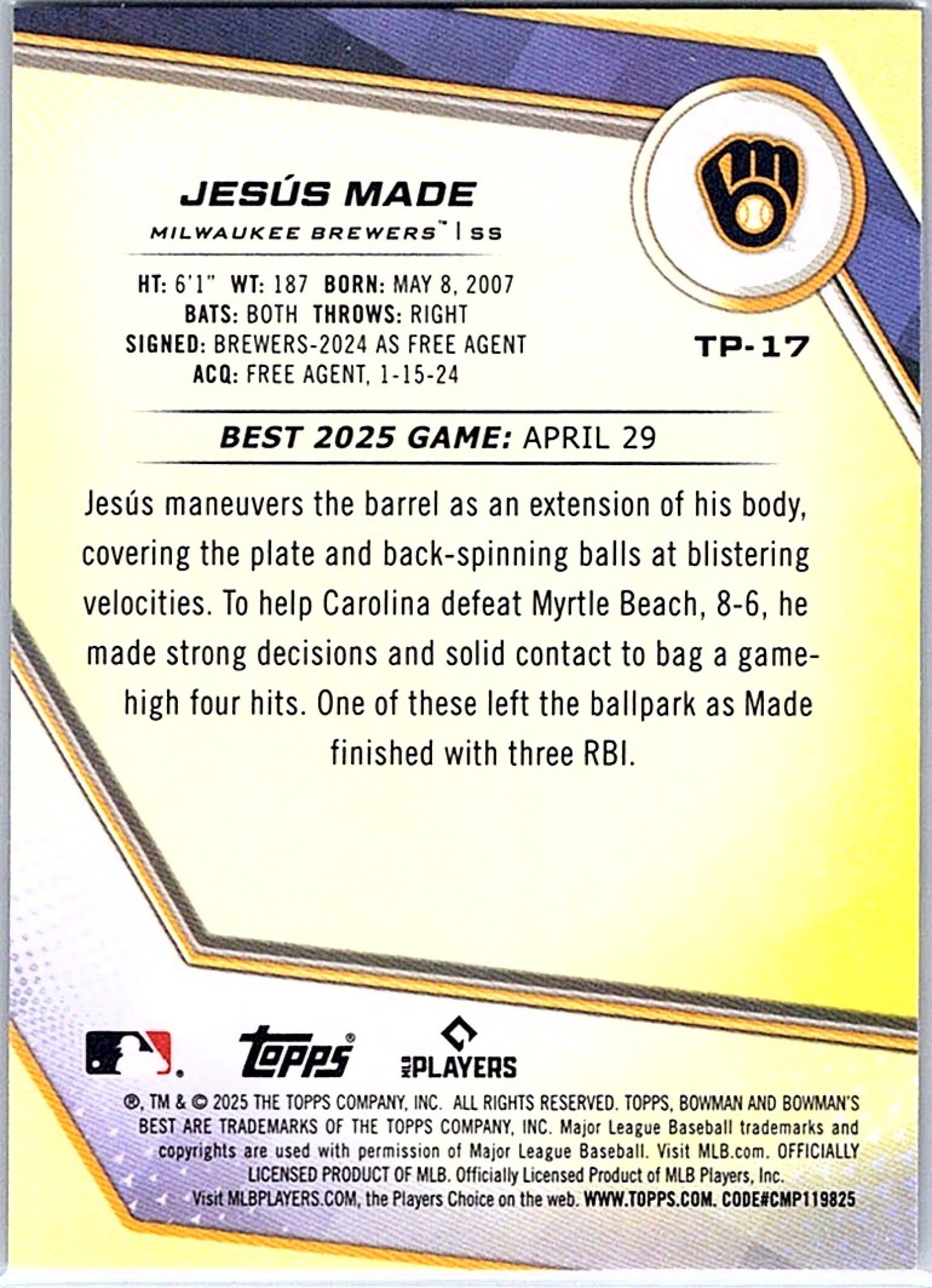 2025 Bowman's Best JESUS MADE #TP-17 Blue Refractor /150 Brewers