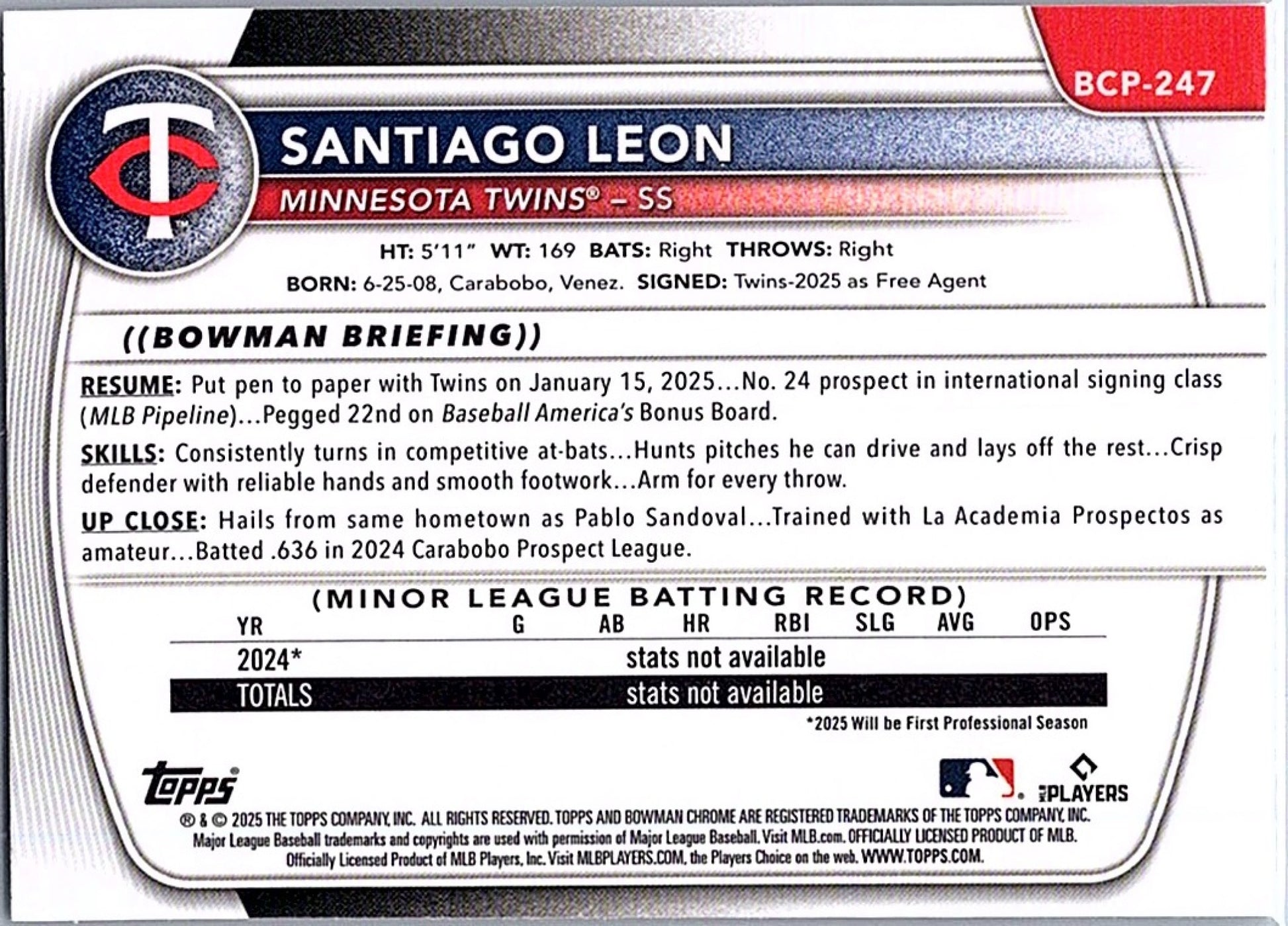 2025 BOWMAN CHROME MEGA BOX SANTIAGO LEON #BCP-247 MOJO REFRACTOR 1ST PROSPECT