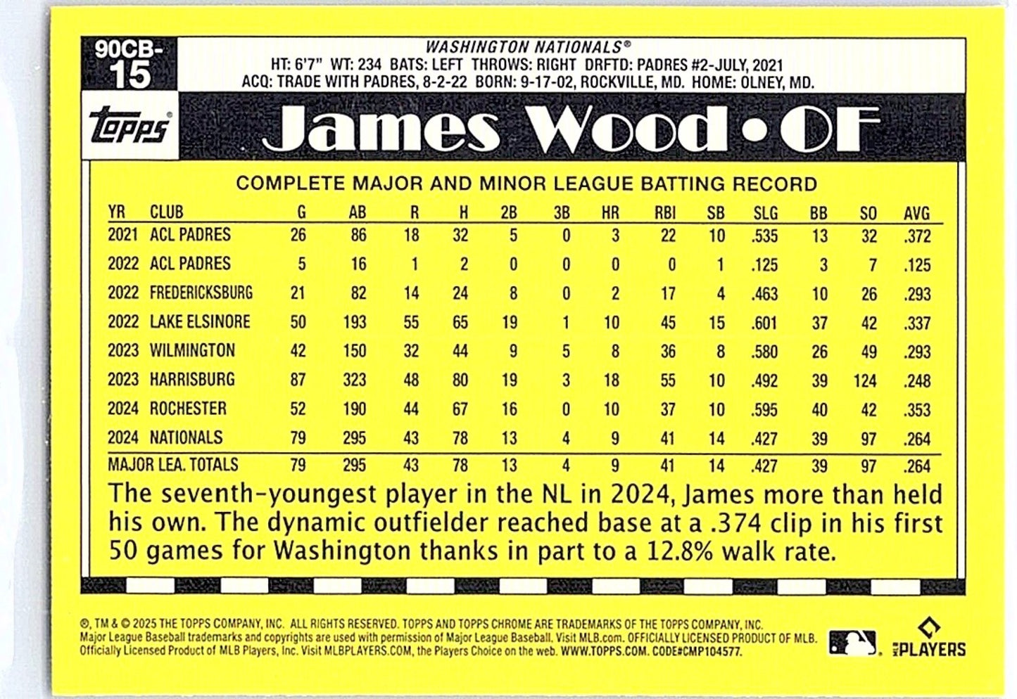 2025 Topps Chrome JAMES WOOD #90CB-15 Nationals