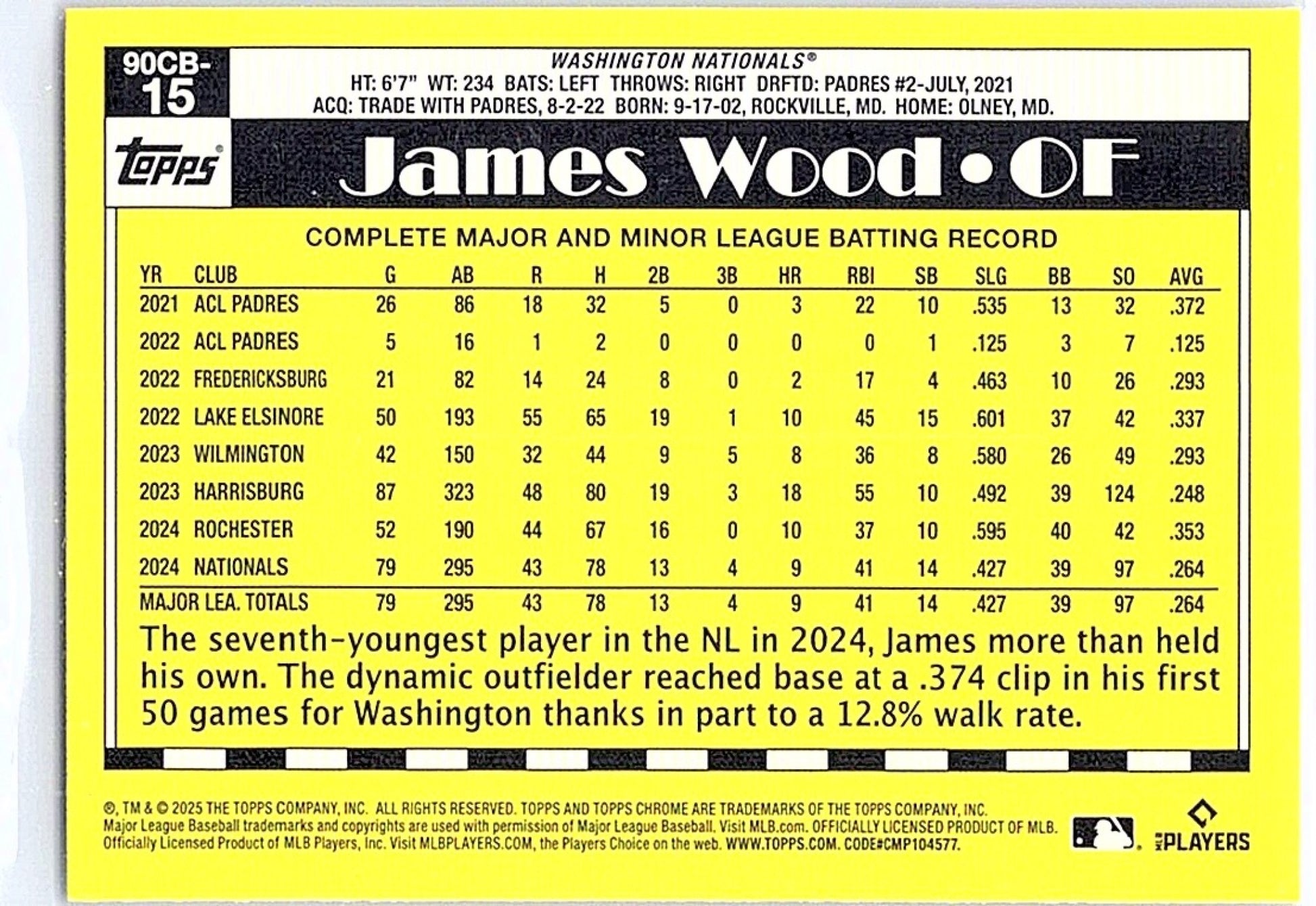 2025 Topps Chrome JAMES WOOD #90CB-15 Nationals