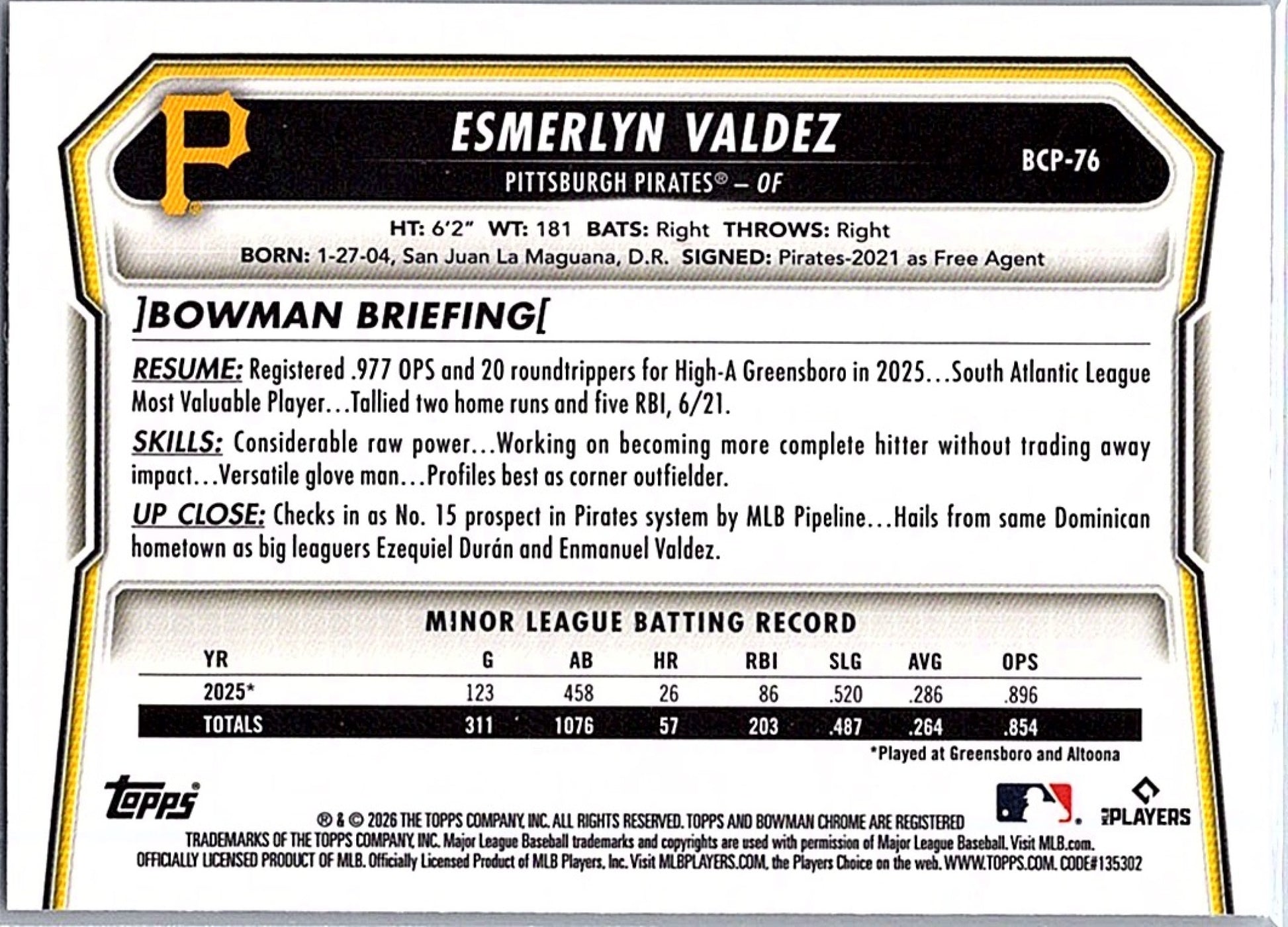 2026 Bowman ESMERLYN VALDEZ #BCP-76 Pirates Baseball RC Card