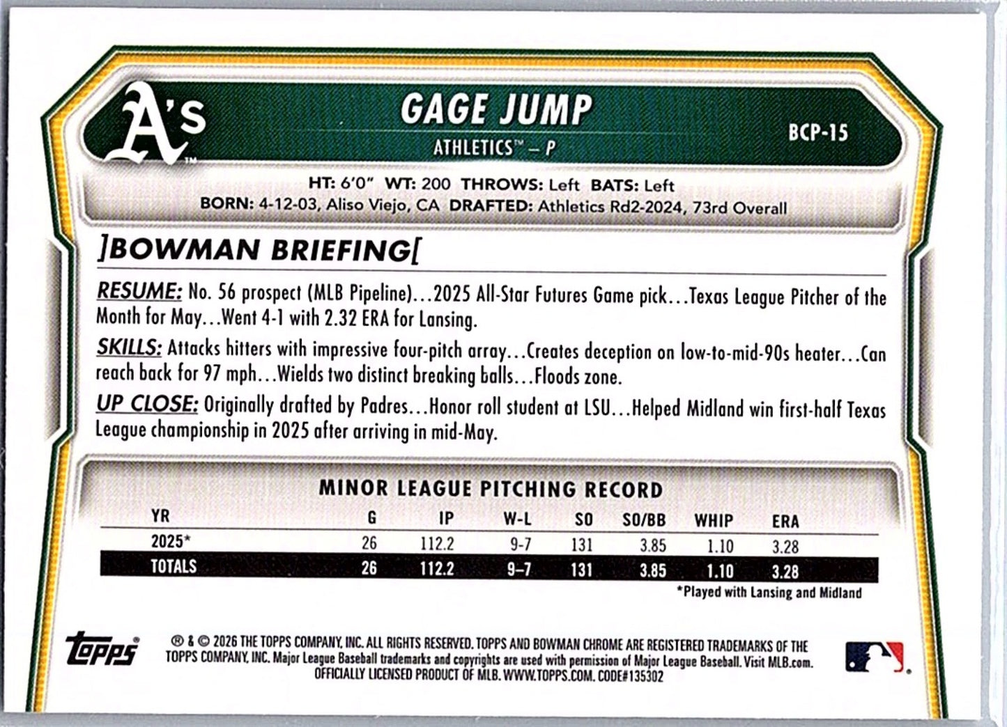 2026 Bowman GAGE JUMP #BCP-15 1st Prospect Athletics