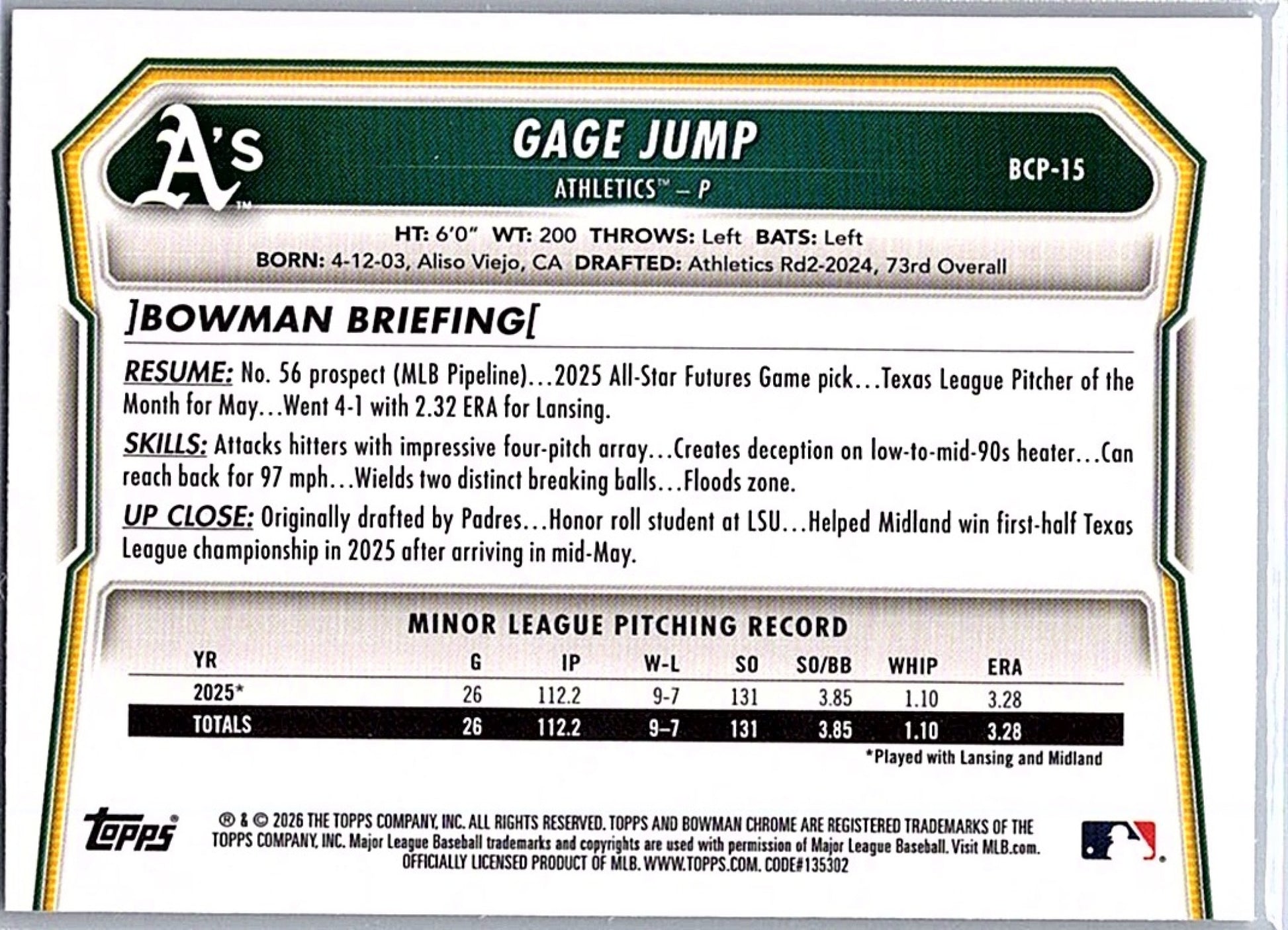 2026 Bowman GAGE JUMP #BCP-15 1st Prospect Athletics