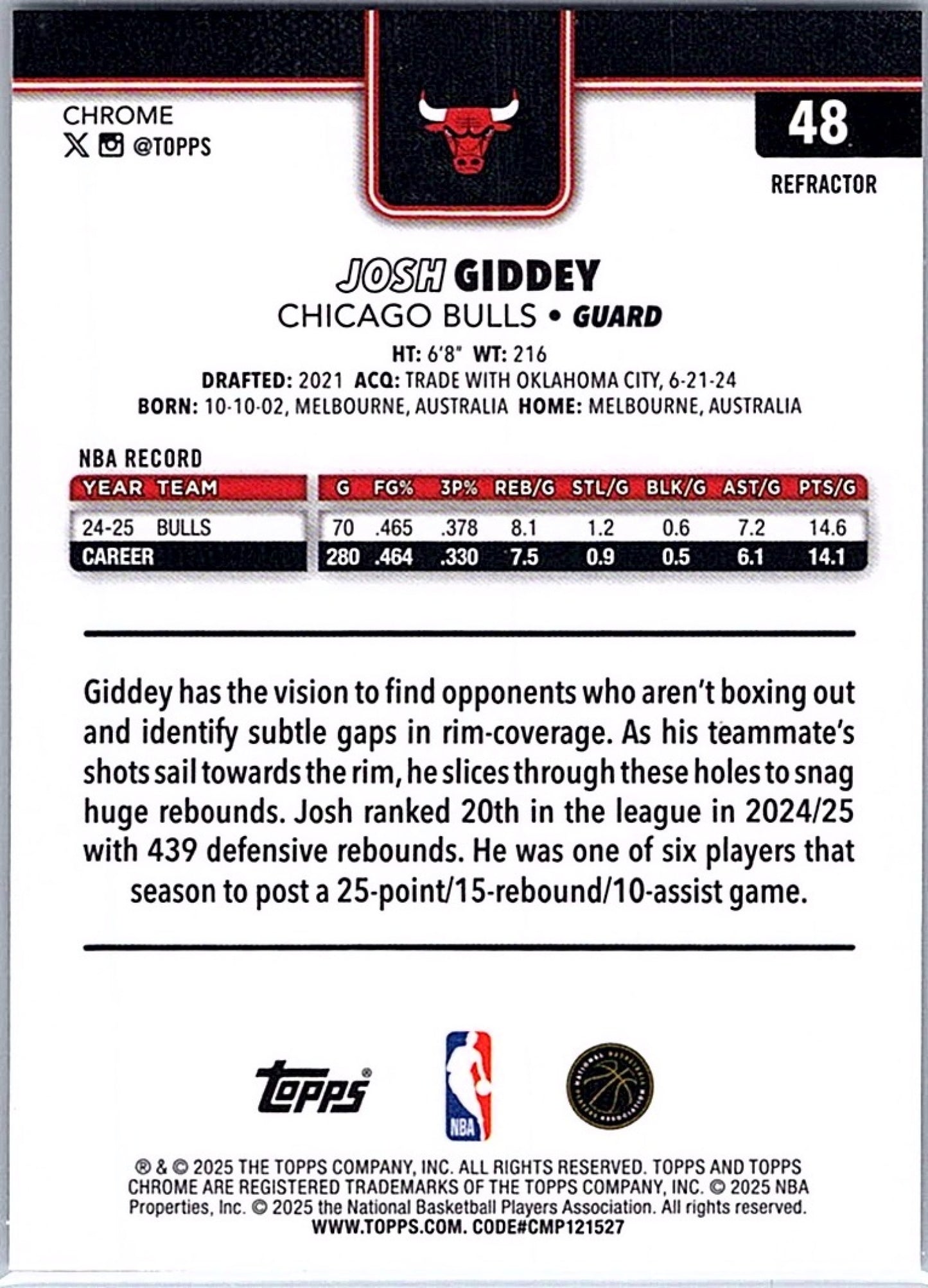 2025-26 Topps Chrome JOSH GIDDEY #48 Refractor Bulls