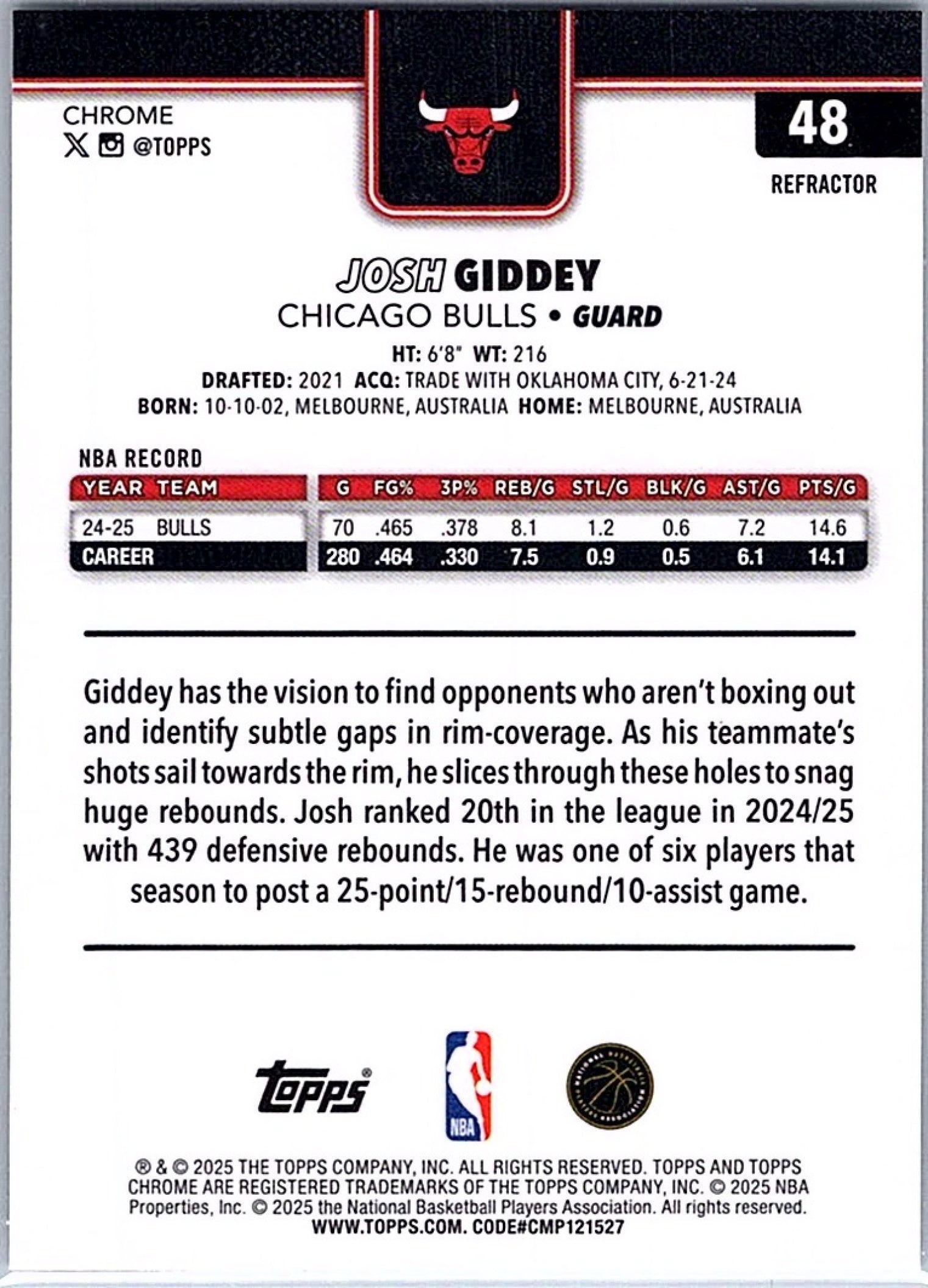 2025-26 Topps Chrome JOSH GIDDEY #48 Refractor Bulls