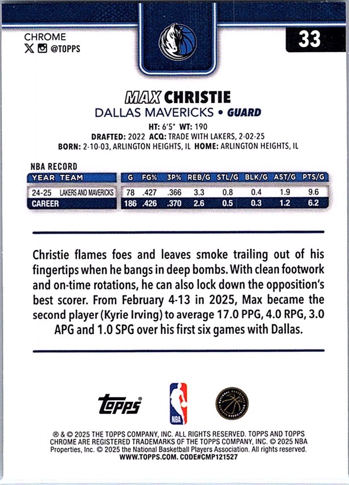 2025-26 Topps Chrome MAX CHRISTIE #33 RayWave Refractor Mavericks