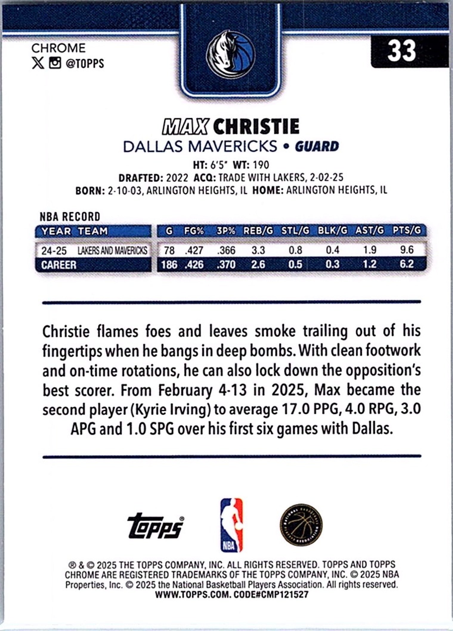 2025-26 Topps Chrome MAX CHRISTIE #33 RayWave Refractor Mavericks