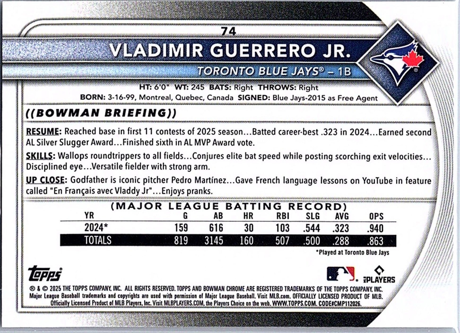 2025 Bowman Chrome VLADIMIR GUERRERO JR. #74 Blue Jays
