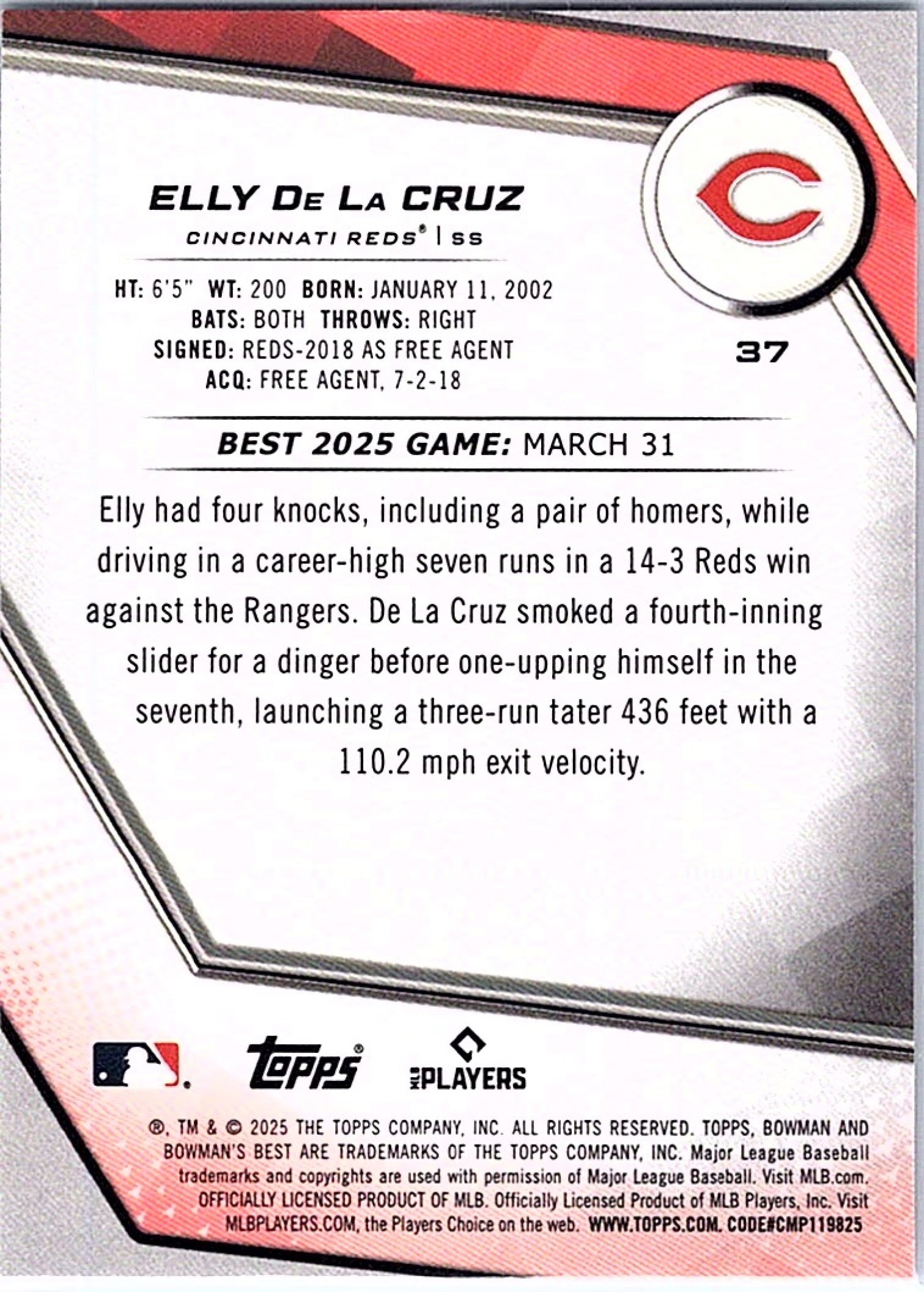 2025 Bowman's Best ELLY DE LA CRUZ #37 Reds
