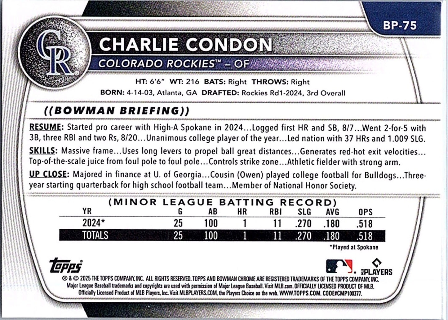 2025 Bowman CHARLIE CONDON #BP-75 1st Prospect Rockies