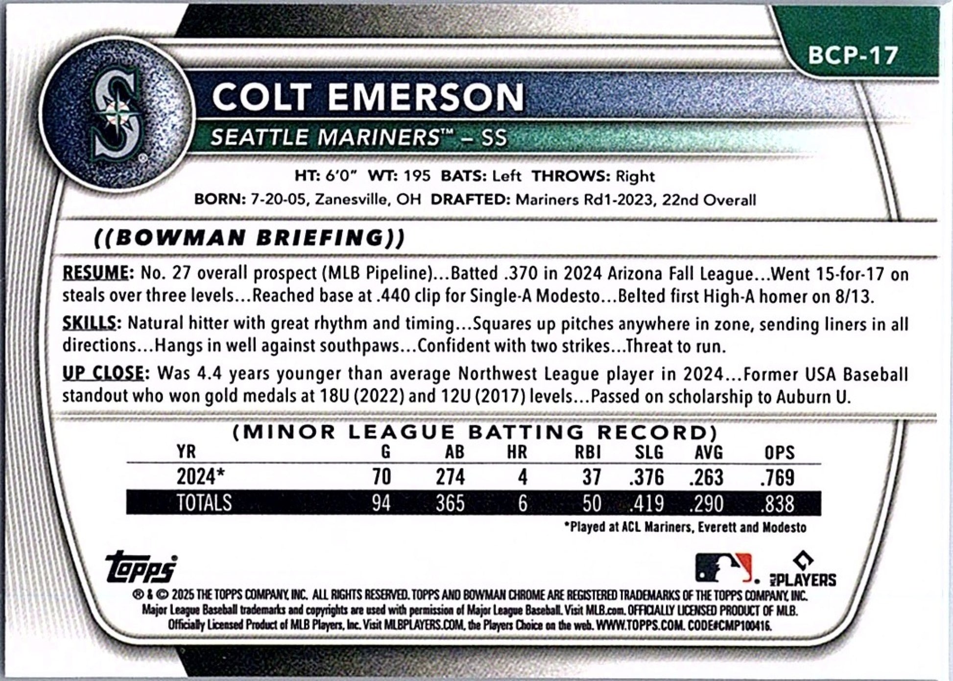 2025 Bowman COLT EMERSON #BCP-17 Mariners