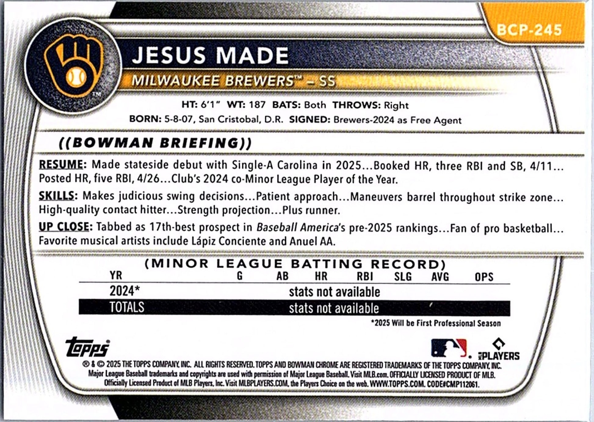 2025 Bowman Chrome JESUS MADE #BCP-245 Brewers 1st Prospect Baseball RC