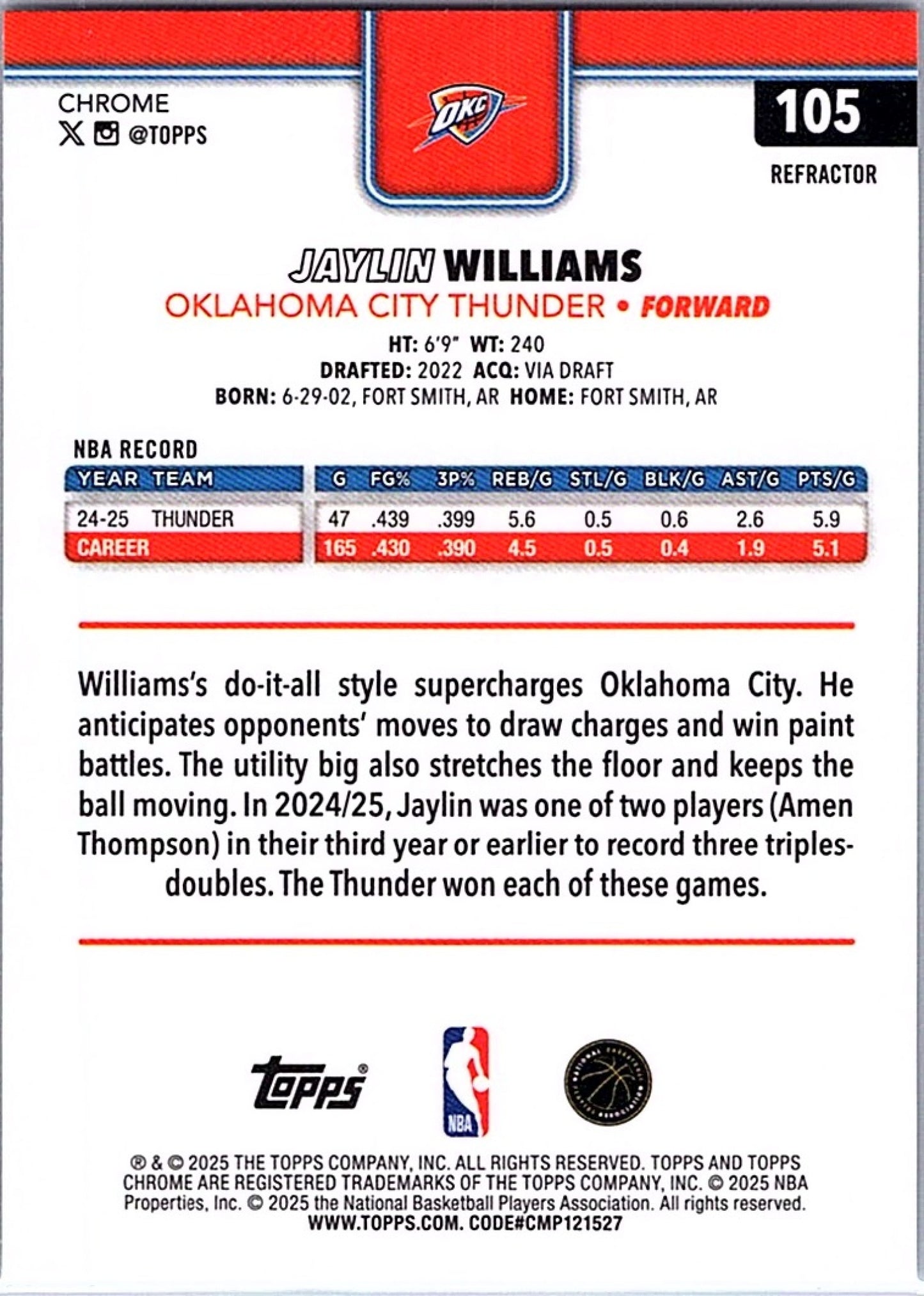 2025-26 Topps Chrome JAYLIN WILLIAMS #105 Refractor Thunder