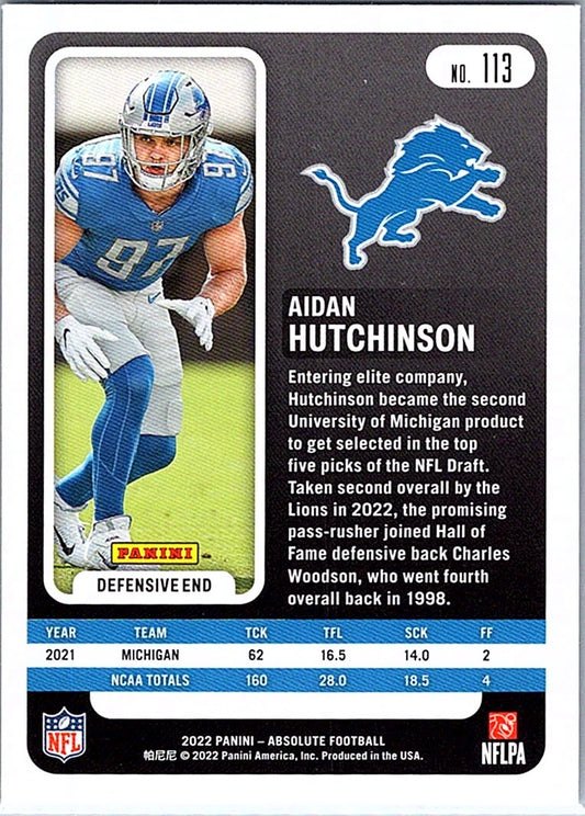 2022 Panini Absolute AIDAN HUTCHINSON #113 Retail RC Lions