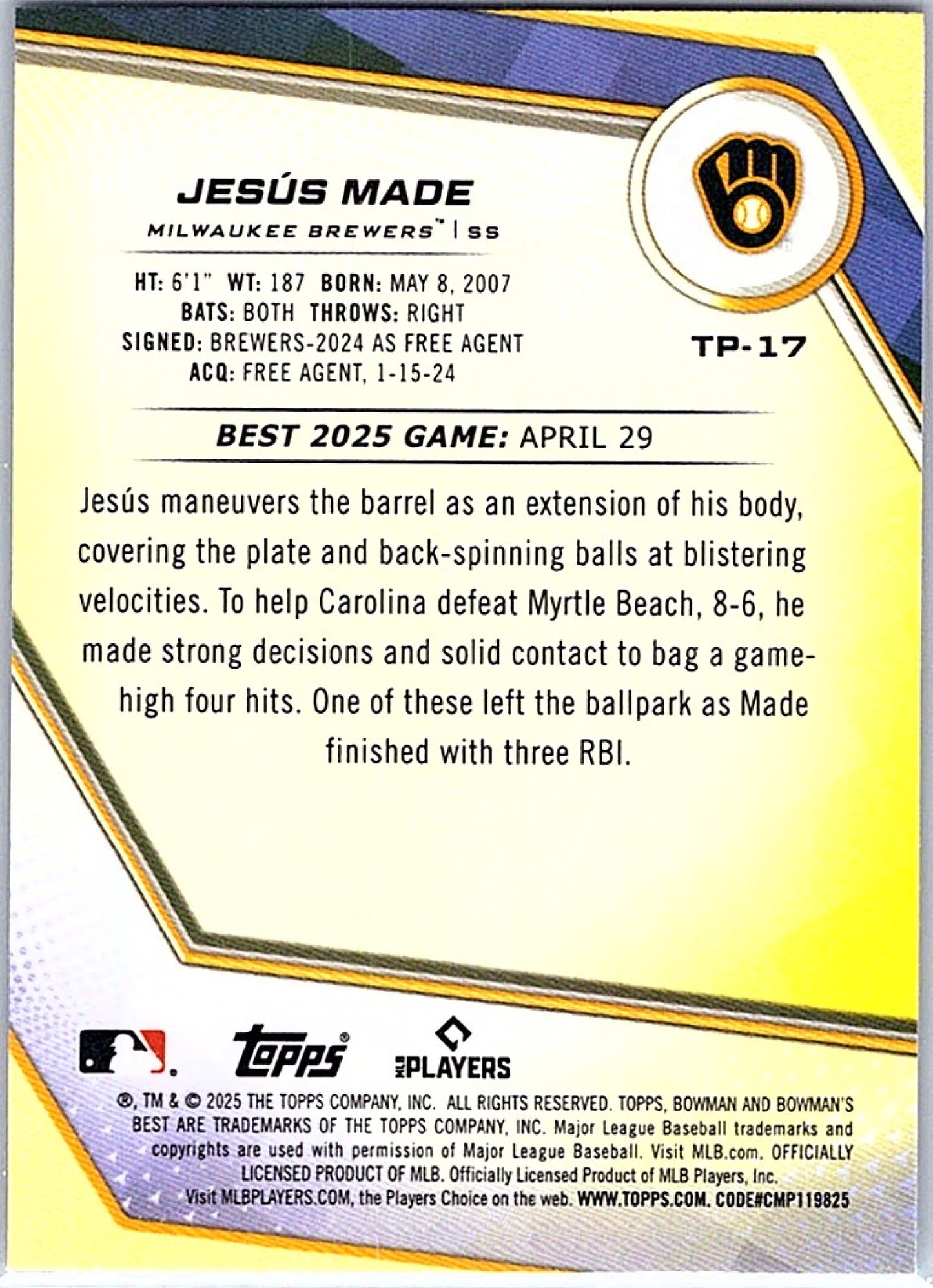 2025 Bowman's Best JESUS MADE #TP-17 Purple Mojo Refractor /250 Brewers